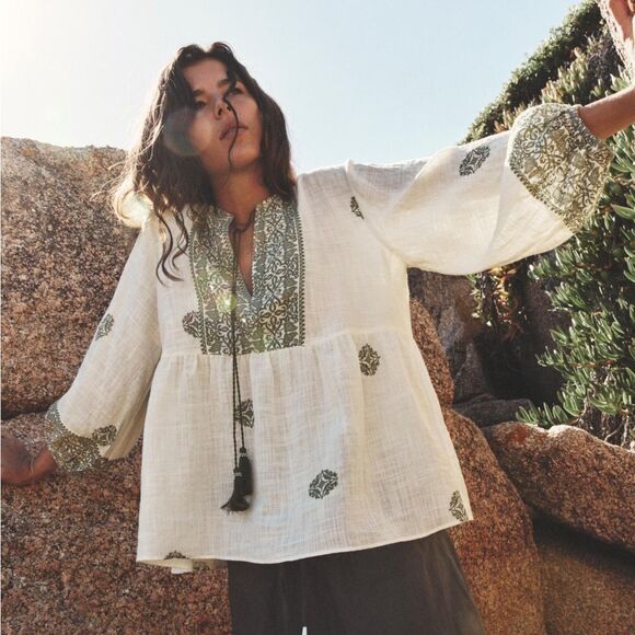 Zara‎ green printed rustic blouse boho women’s size xs - Picture 1 of 8